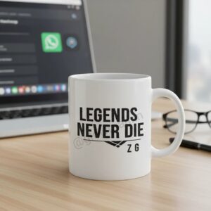 Premium white ceramic mug with "Legends Never Die Z G" design, perfect for Zubeen Garg fans, from Glow Mall. Waterproof, lifetime print quality