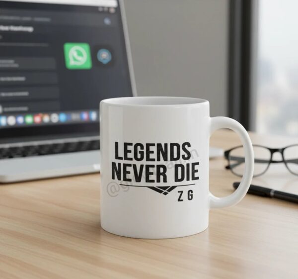 Premium white ceramic mug with "Legends Never Die Z G" design, perfect for Zubeen Garg fans, from Glow Mall. Waterproof, lifetime print quality