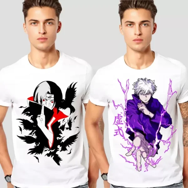 A male model wearing two different white anime t-shirts: one featuring Itachi Uchiha from Naruto and the other featuring Satoru Gojo from Jujutsu Kaisen