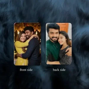 `A custom double-sided PVC wallet card showing a couple's photo on the front and another photo on the back, a personalized gift from GlowMall.`