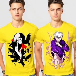 Anime T-Shirt Combo (Pack of 2) | Itachi Uchiha (Naruto) & Gojo Satoru (Jujutsu Kaisen) Graphic Tees | Men’s Printed Round Neck | GlowMall