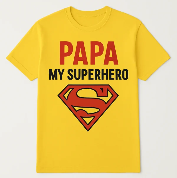 Glow Mall Papa My Superhero sublimation printed yellow polyester t-shirt