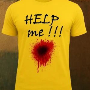 Scary "Help Me" Printed T-Shirt Blood Splatter Yellow ya Unisex Horror Graphic Tee for Halloween se badlein.