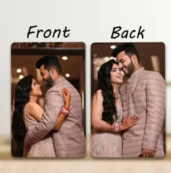`A custom double-sided PVC wallet card showing a couple's photo on the front and another photo on the back, a personalized gift from GlowMall.`