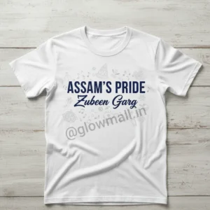 Assam's Pride Zubeen Garg T-Shirt in white with sublimation print, bold black text and music motifs