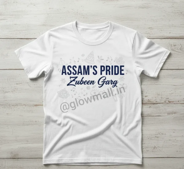 Assam's Pride Zubeen Garg T-Shirt in white with sublimation print, bold black text and music motifs