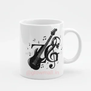 ZG Zubeen Garg Tribute Mug, black guitar musical design, Glow Mall, sublimation print, 11Oz white ceramic mug.