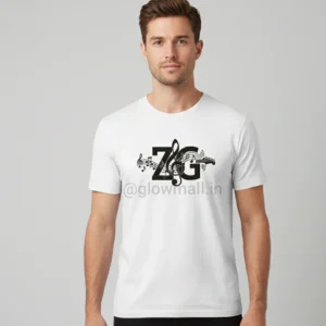 Zubeen Garg Tribute T-shirt by Glow Mall, premium 160 GSM polyester, white unisex design with ZG and music notes.