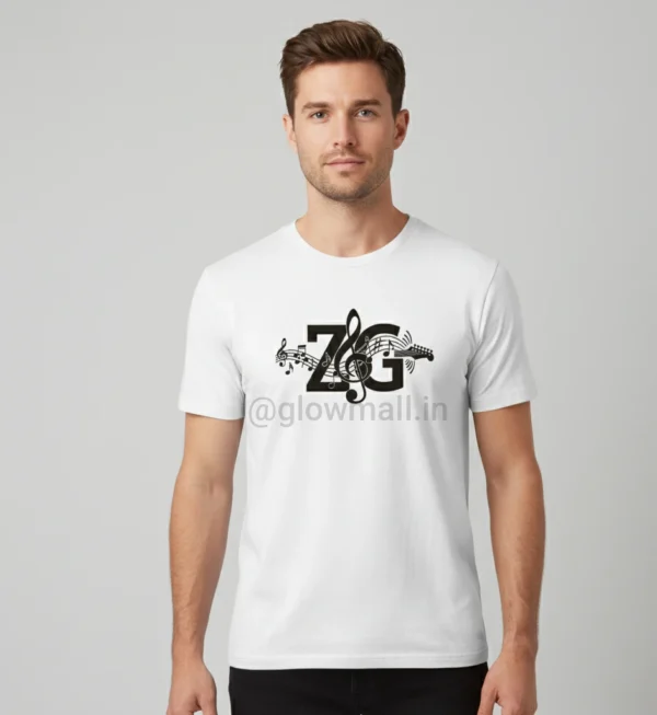 Zubeen Garg Tribute T-shirt by Glow Mall, premium 160 GSM polyester, white unisex design with ZG and music notes.